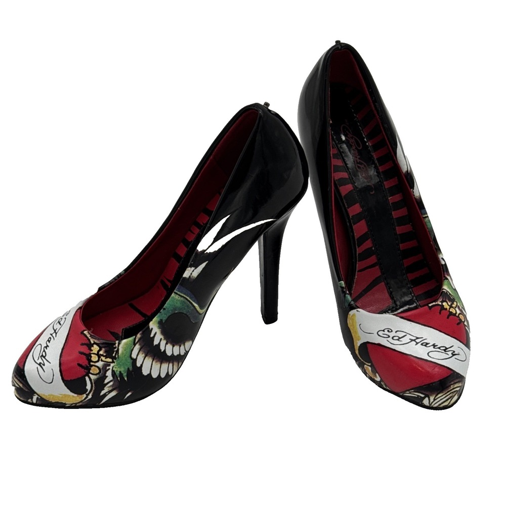 Rare Authentic Vtg Ed Hardy Heart High Heels Pumps Y2K Shoes Size 5 Tattoos